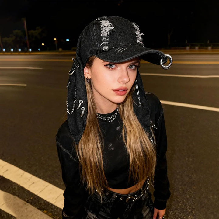 Ripped denim animal ear street style hat
