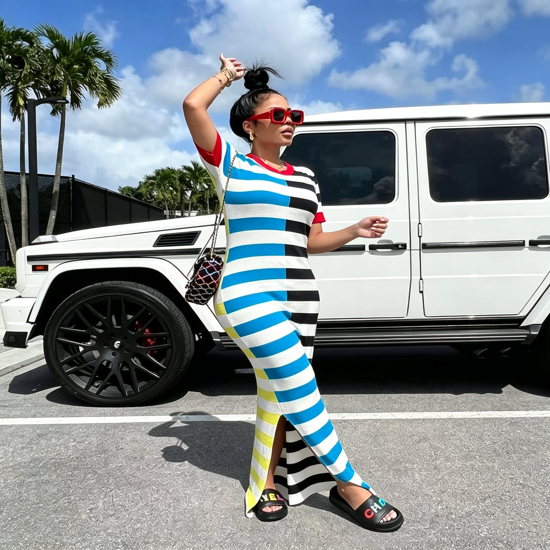 Color‑Block Striped Split Bodycon Maxi Dress