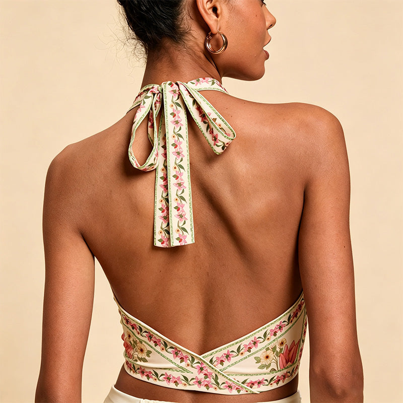 Bohemian floral backless tie-front top