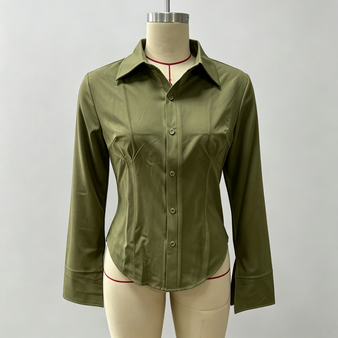 Slim-fit V-neck waist-cinching long-sleeved shirt