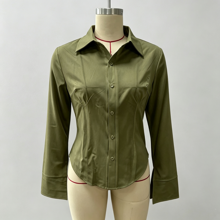 Slim-fit V-neck waist-cinching long-sleeved shirt