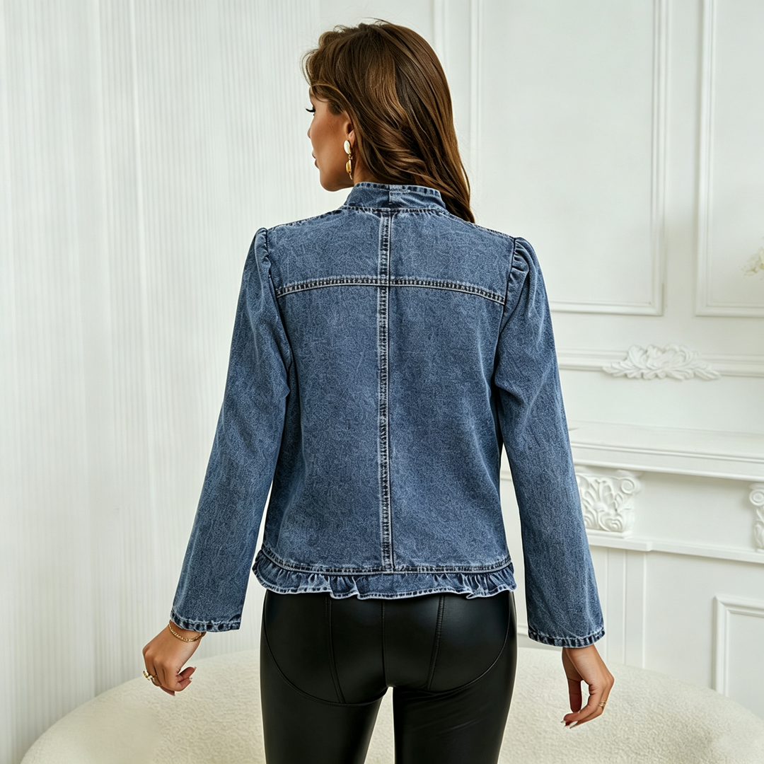 Ruffled Trim Open‑Front Cropped Denim Jacket