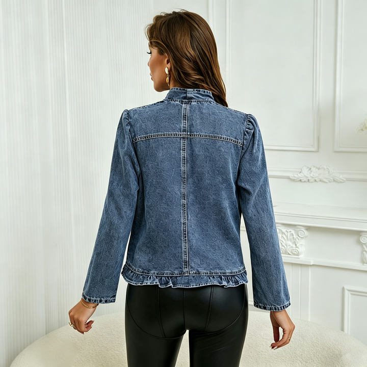 Ruffled Trim Open‑Front Cropped Denim Jacket