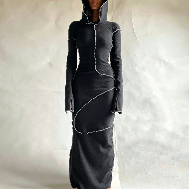Contrast‑Stitch Hooded Bodycon Maxi Dress