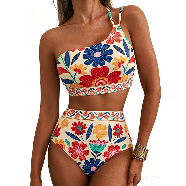 Retro floral one-shoulder high-waisted bikini set