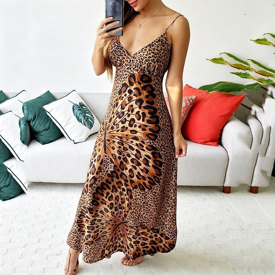 Leopard Butterfly Print V‑Neck Spaghetti‑Strap Maxi Dress