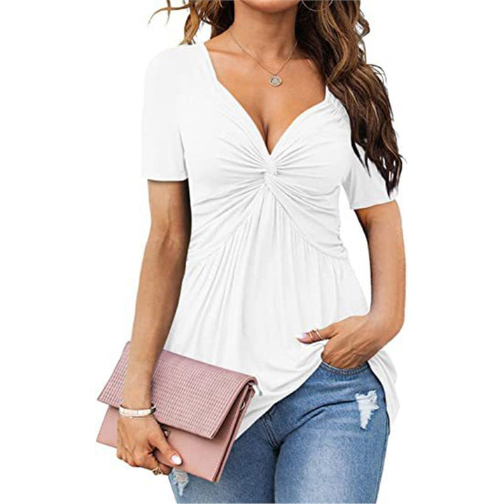 V-neck ruffled knotted short-sleeved top