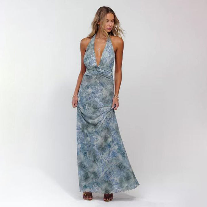 Floral print halter neck backless tie-up maxi dress