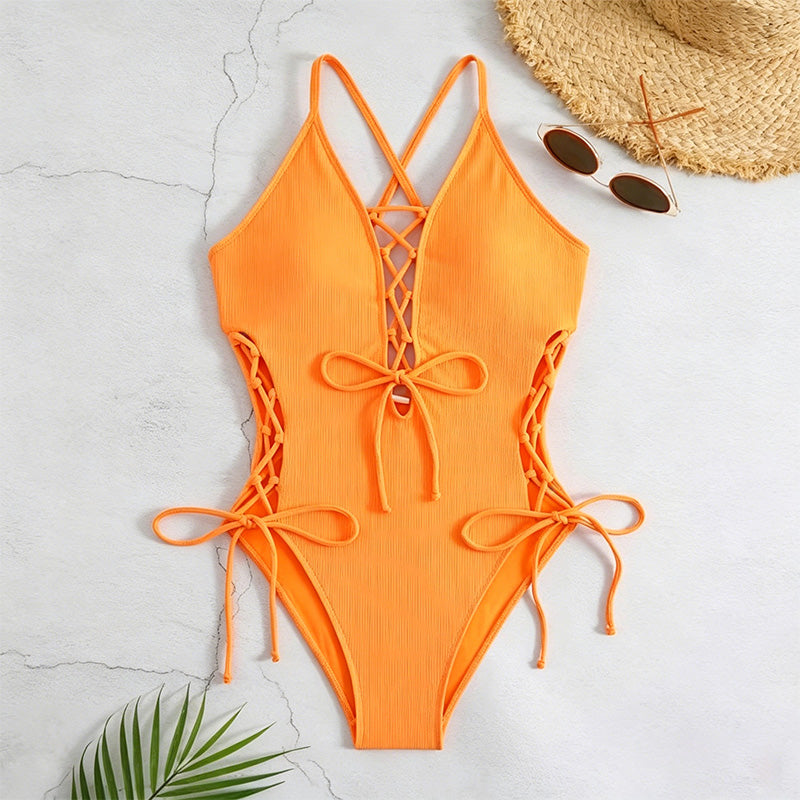 Lace-Up Crisscross Halter One-Piece Swimsuit