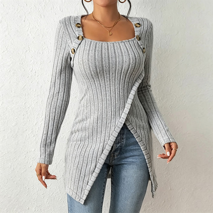 Button Decor Asymmetric Split Hem Tunic