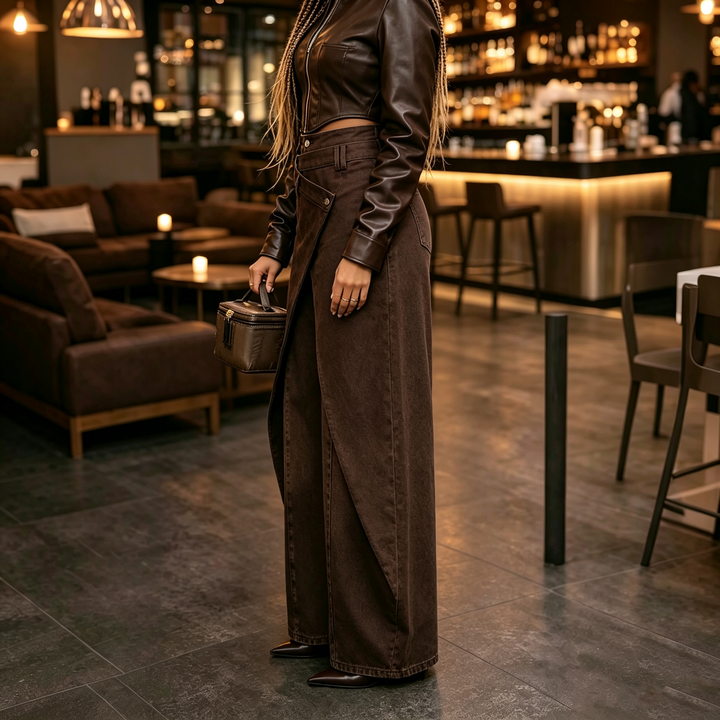 Retro Irregular Overlay Wide‑Leg Trousers