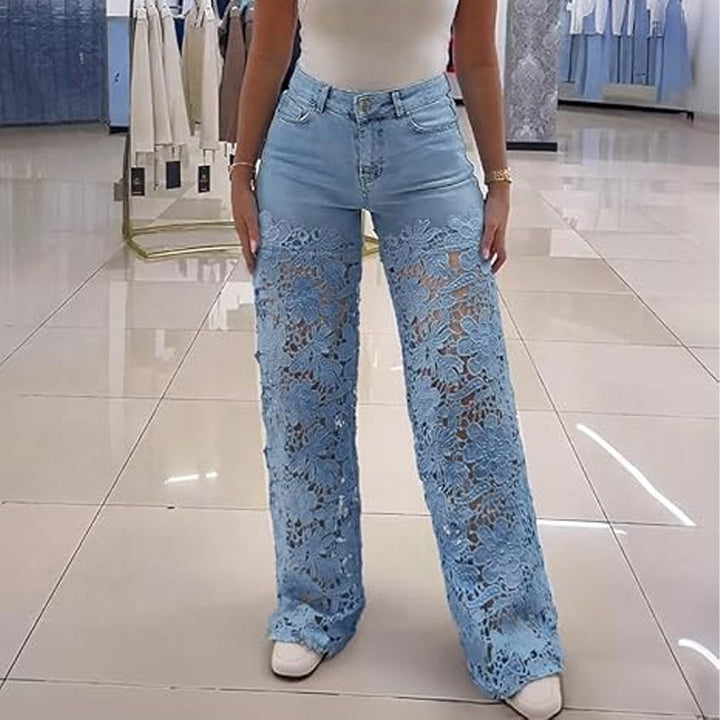 High-waisted floral cutout wide-leg jeans