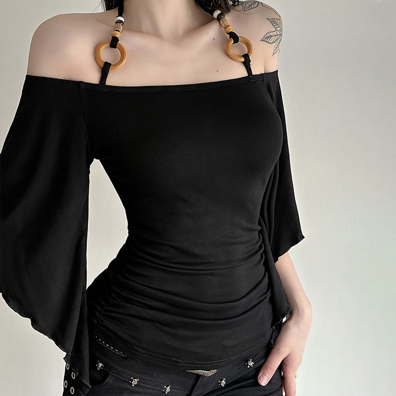 Off-shoulder fitted bell sleeve top