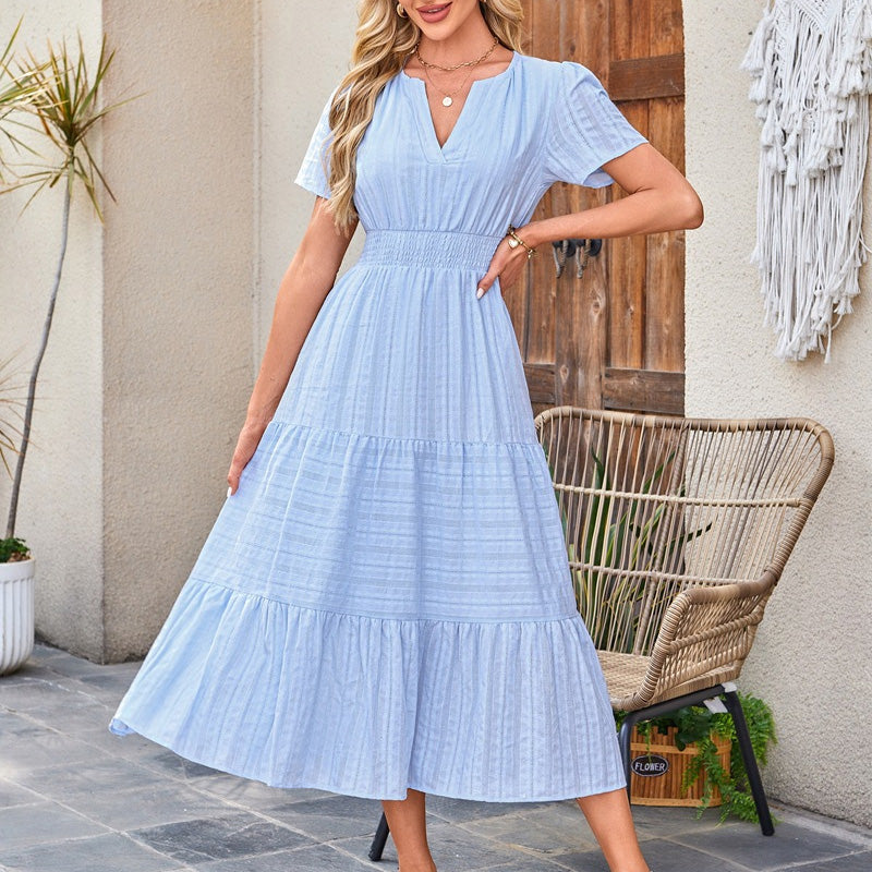 V-neck puff sleeve pleated midi dress