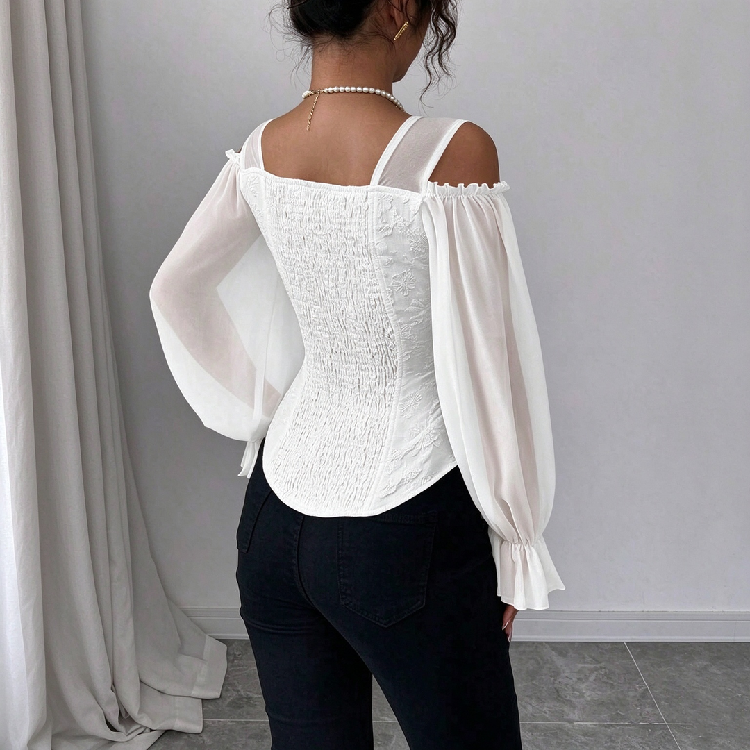 Ladies Elegant Cold Shoulder Floral Jacquard Shirt