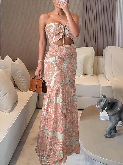 Strapless Leaf Print Maxi Dress