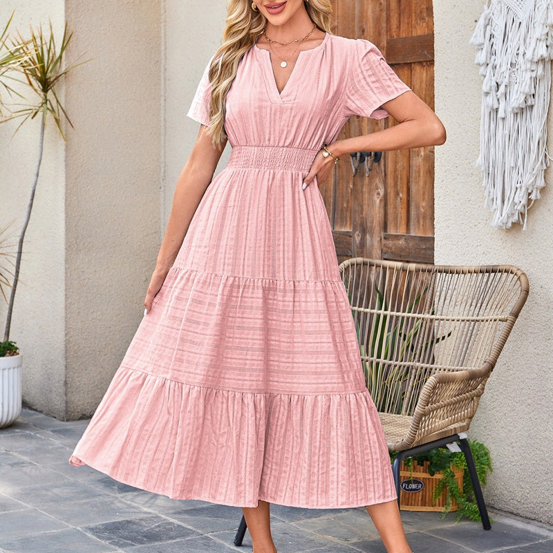 V-neck puff sleeve pleated midi dress