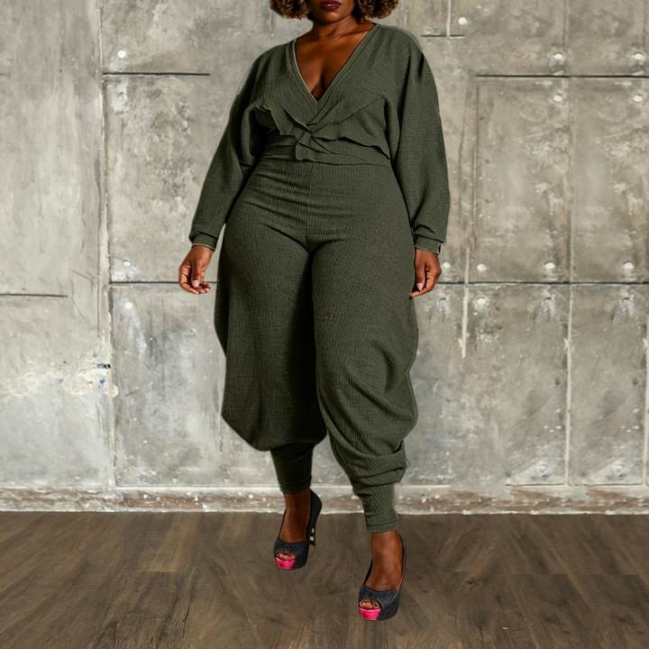 Ribbed Solid Deep‑V Harem Jumpsuit
