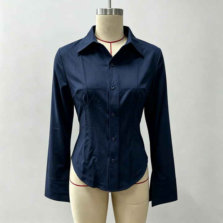 Slim-fit V-neck waist-cinching long-sleeved shirt