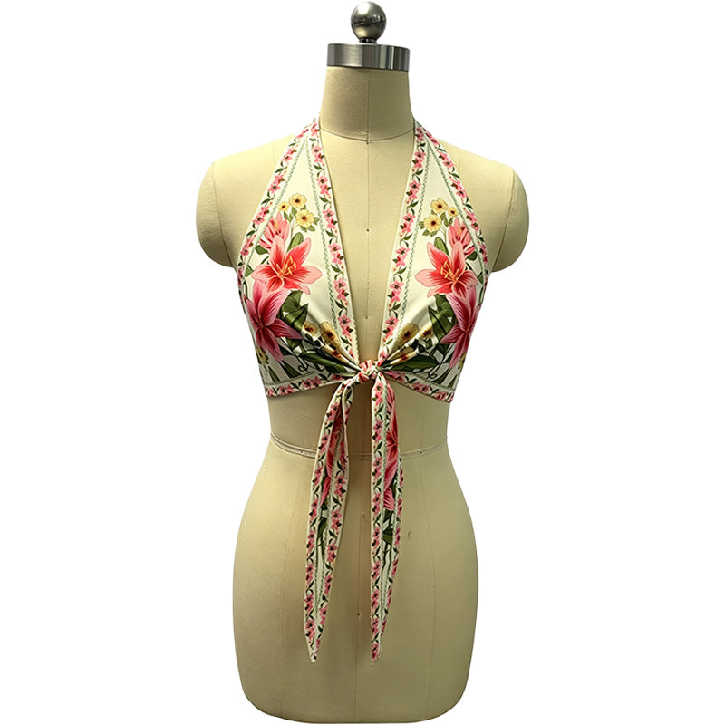 Bohemian floral backless tie-front top