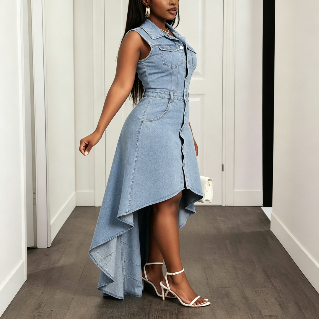 Sleeveless Lapel High‑Low Denim Maxi Dress