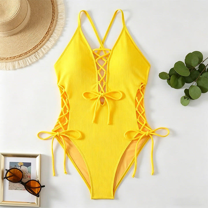 Lace-Up Crisscross Halter One-Piece Swimsuit