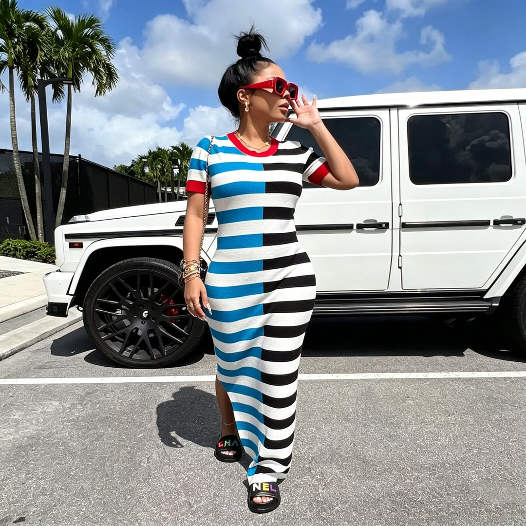 Color‑Block Striped Split Bodycon Maxi Dress
