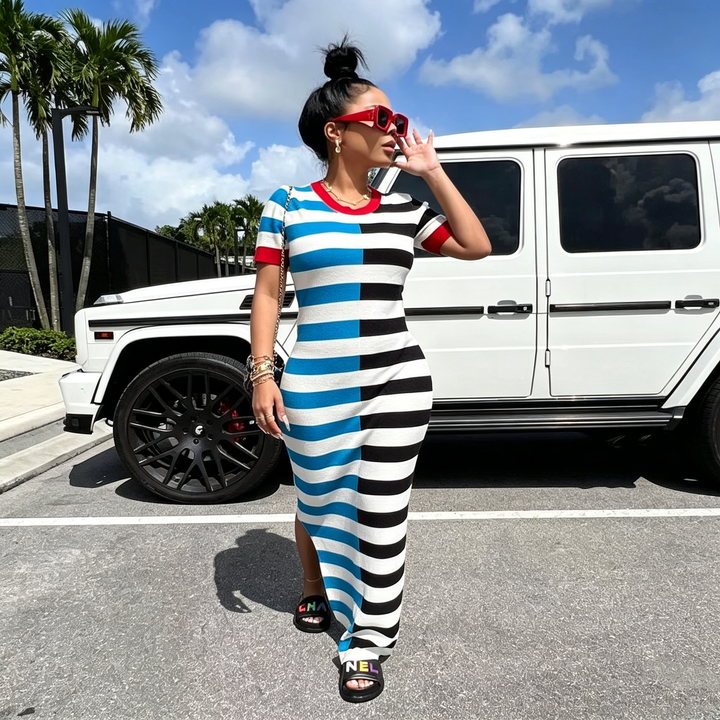 Color‑Block Striped Split Bodycon Maxi Dress
