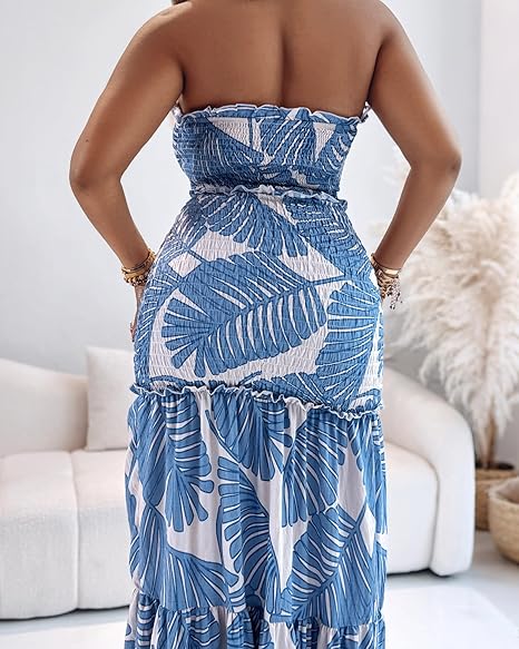 Strapless Leaf Print Maxi Dress