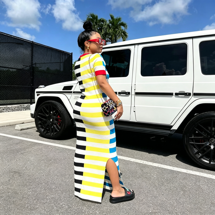 Color‑Block Striped Split Bodycon Maxi Dress