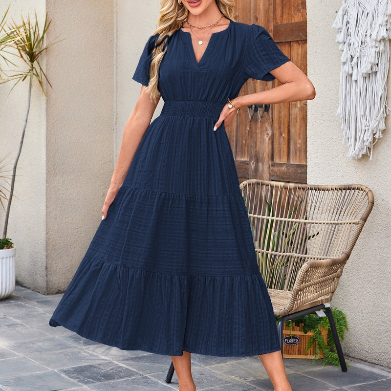 V-neck puff sleeve pleated midi dress