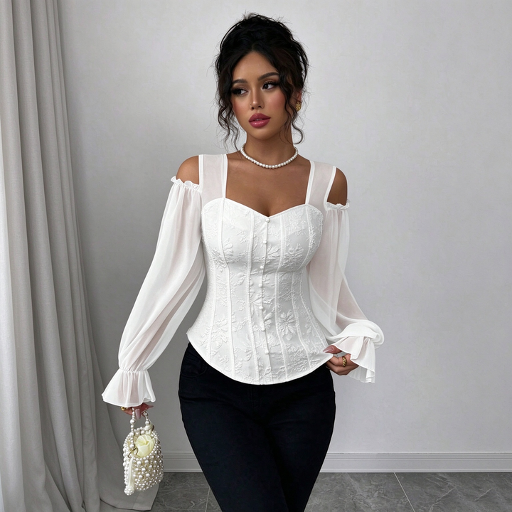 Ladies Elegant Cold Shoulder Floral Jacquard Shirt