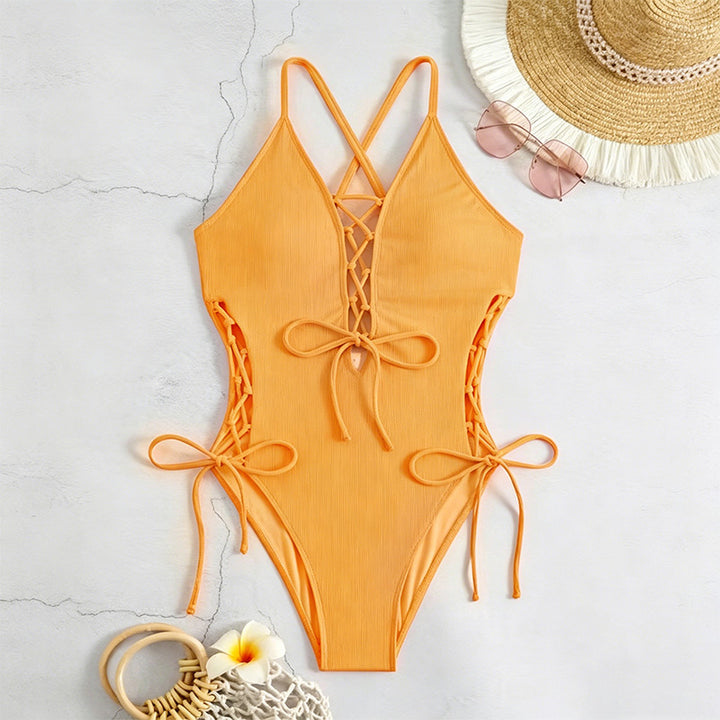 Lace-Up Crisscross Halter One-Piece Swimsuit