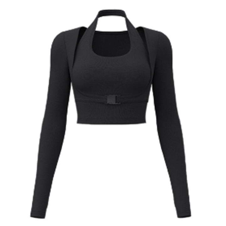 Halter Neck Layered Long Sleeve Yoga Crop Top