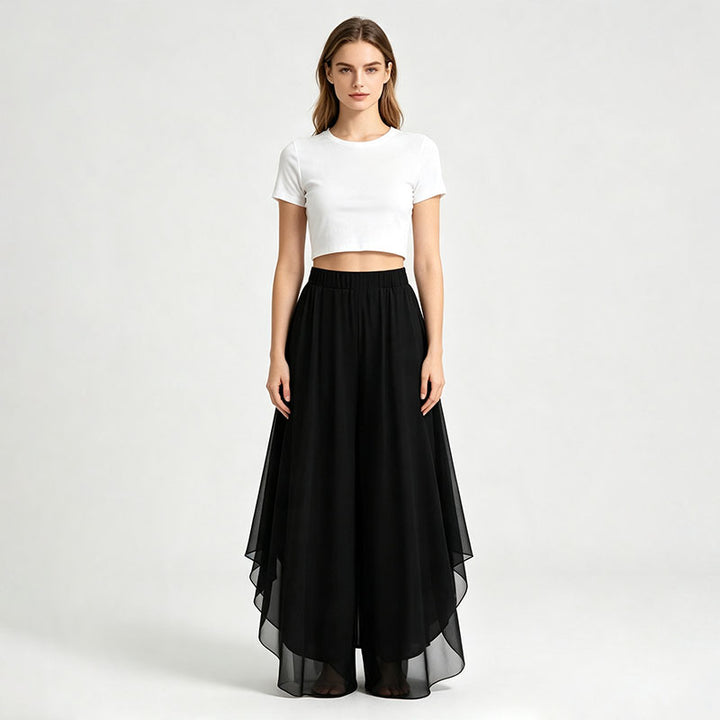 Irregular hem chiffon wide-leg pants