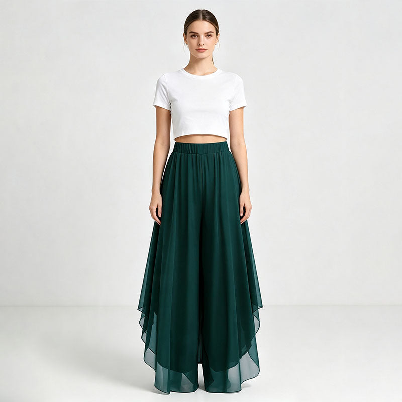Irregular hem chiffon wide-leg pants