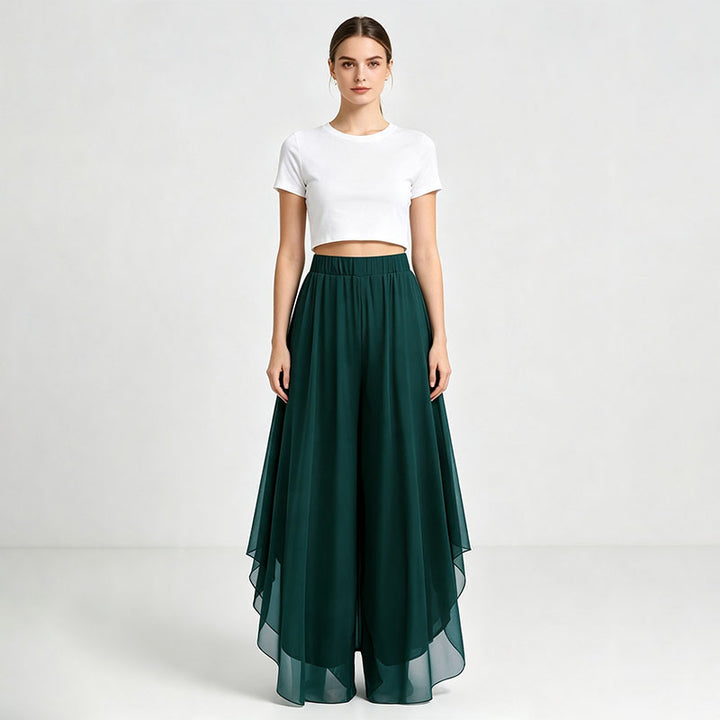 Irregular hem chiffon wide-leg pants
