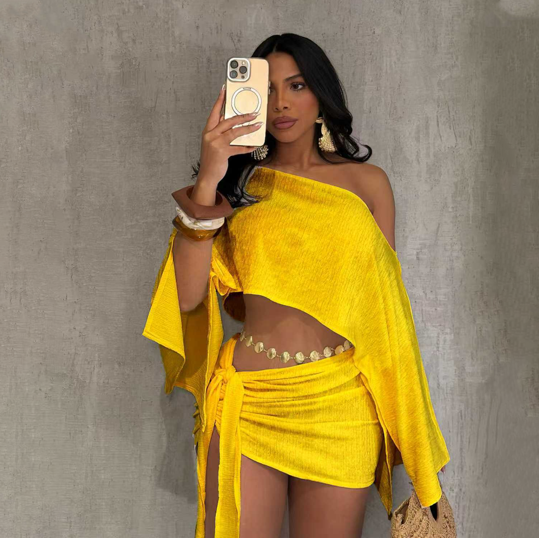 Textured One Shoulder Crop Top & Mini Skirt Set