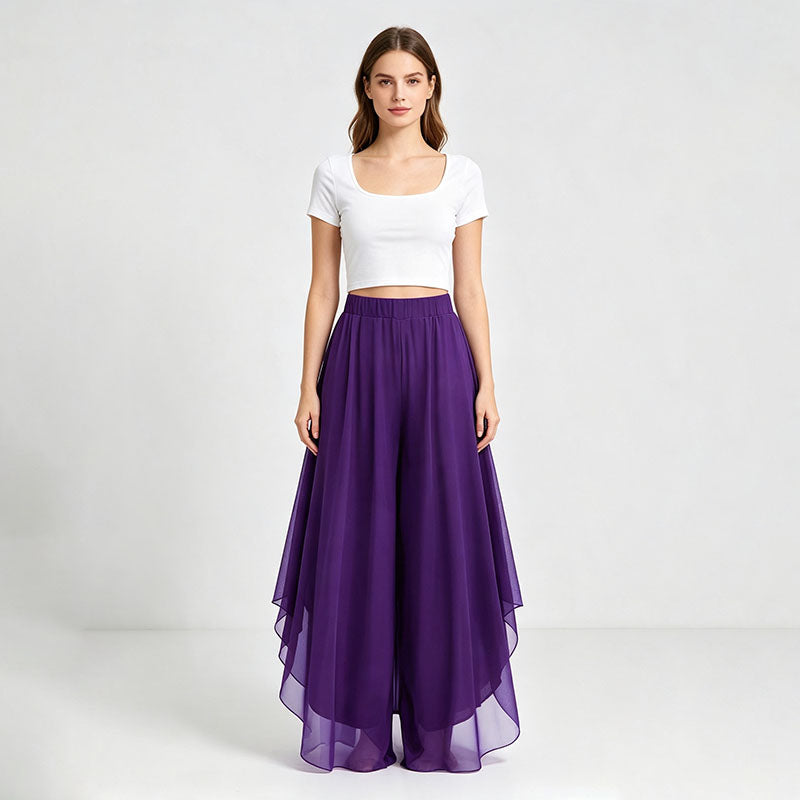 Irregular hem chiffon wide-leg pants