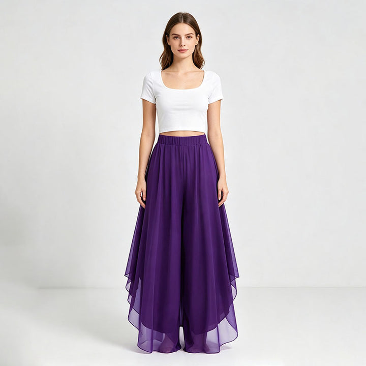 Irregular hem chiffon wide-leg pants