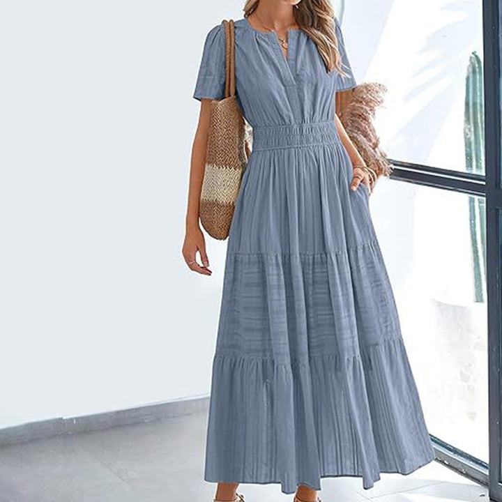 V-neck puff sleeve pleated midi dress