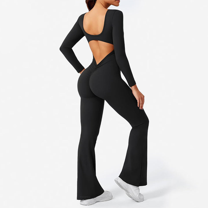 Pleated backless long-sleeved flared jumpsuit