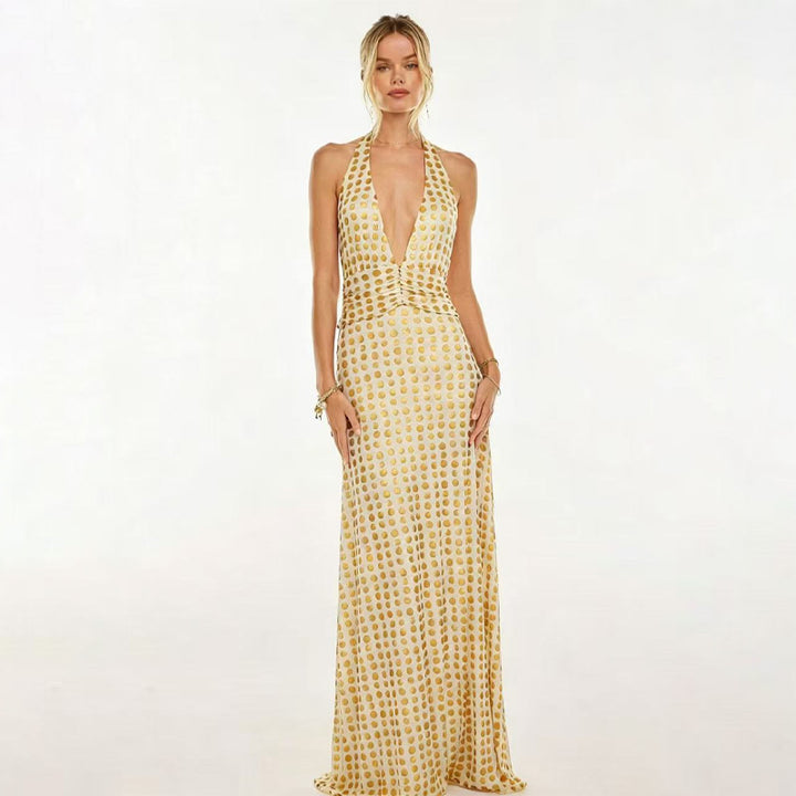 Floral print halter neck backless tie-up maxi dress