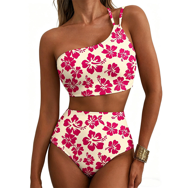 Retro floral one-shoulder high-waisted bikini set