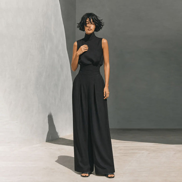 Sleeveless high-neck top and high-waisted pleated wide-leg trousers set
