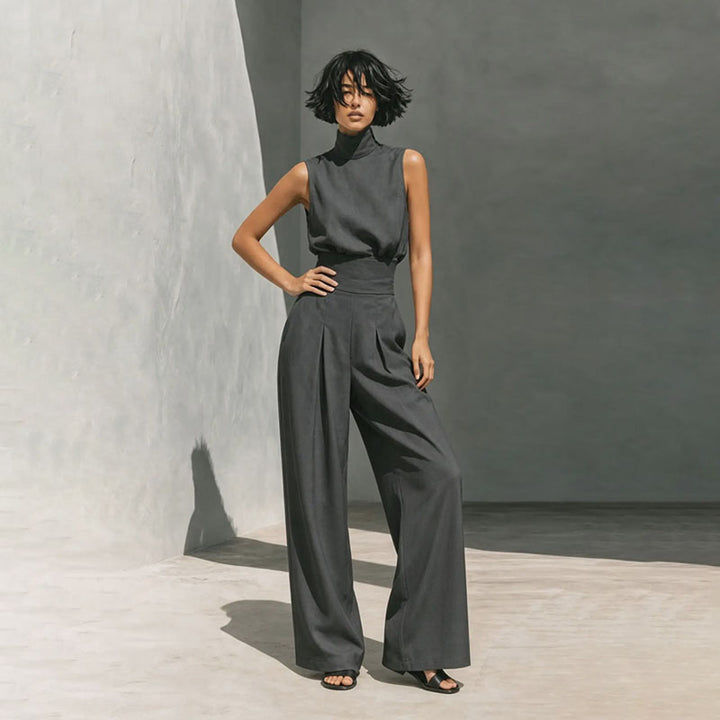 Sleeveless high-neck top and high-waisted pleated wide-leg trousers set
