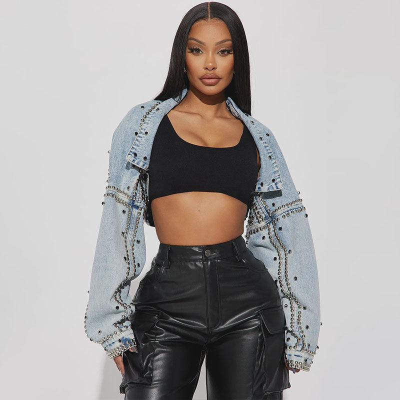 Retro washed studded short denim jacket