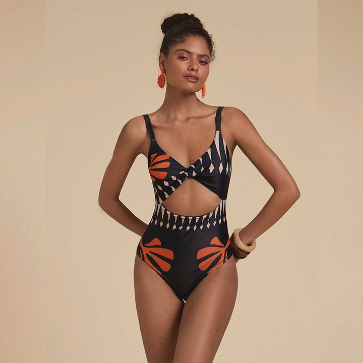 Printed One Piece Swimsuit with Sheer Cover Up Pants Set