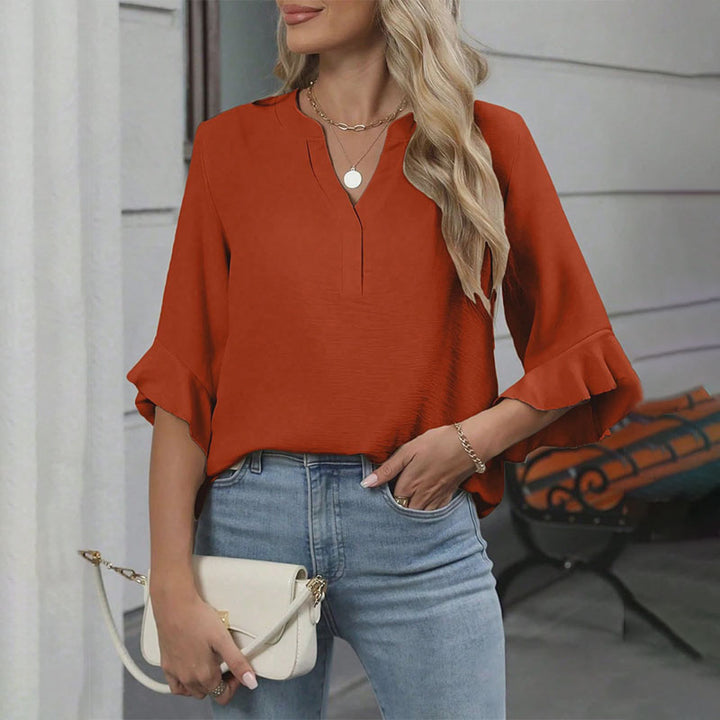 V-neck loose-fitting ruffled three-quarter sleeve plus size top