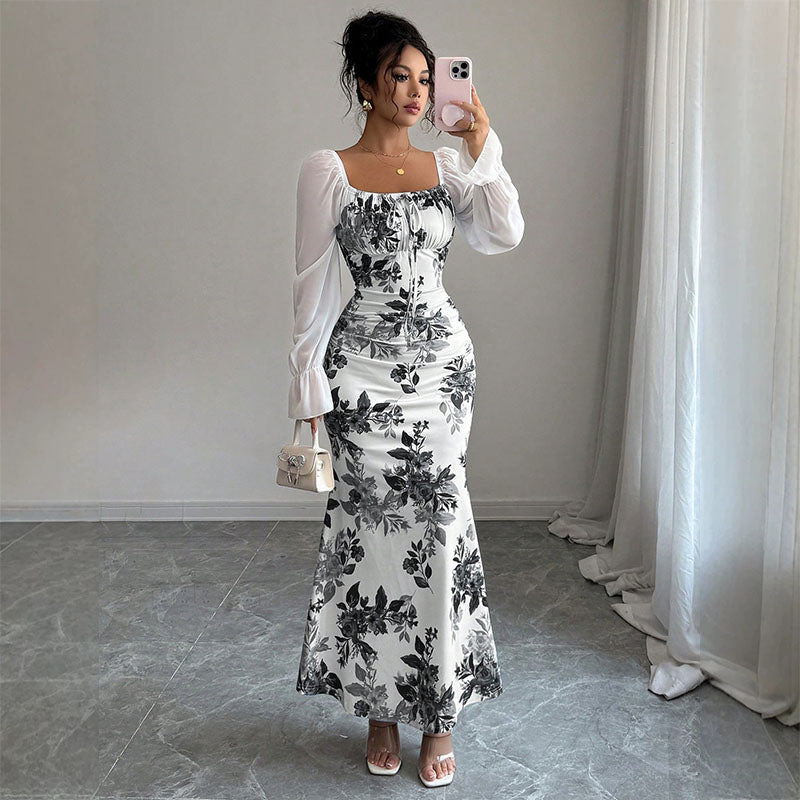 Ruched floral fishtail dress